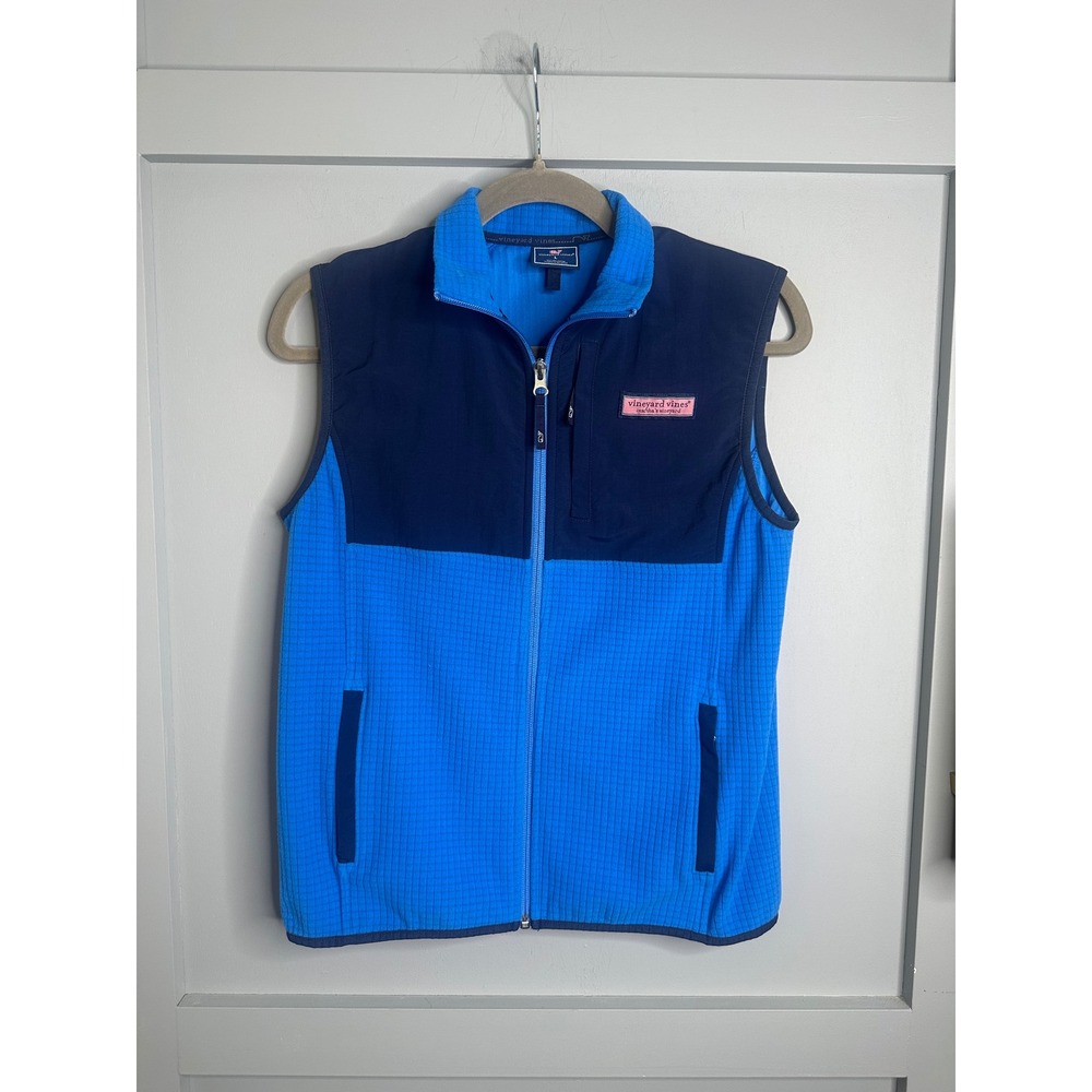 Vineyard Vines Womens Blue Grid Fleece Full Zip Vest Navy Yoke Large 300042